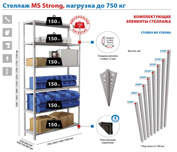 Стеллаж металлический MS STRONG 2350х1000х400 (4 полки)